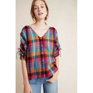 Maeve by Anthropologie Plaid Puff Sleeve Button Down Top